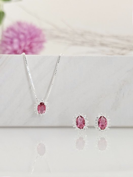 Conjunto ponto de luz oval cravejado prata 925/ cor pink