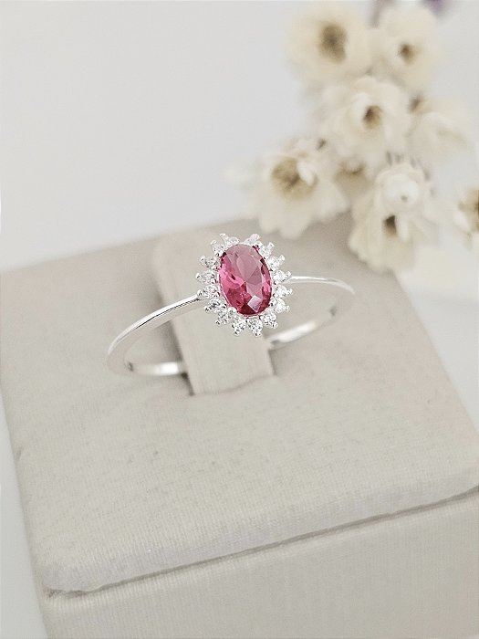 Anel solitário oval cravejado prata 925/ cor pink