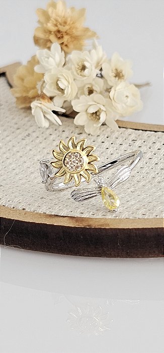 Anel sensorial giratório/ ansiedade Girassol prata 925 com banho de ródio