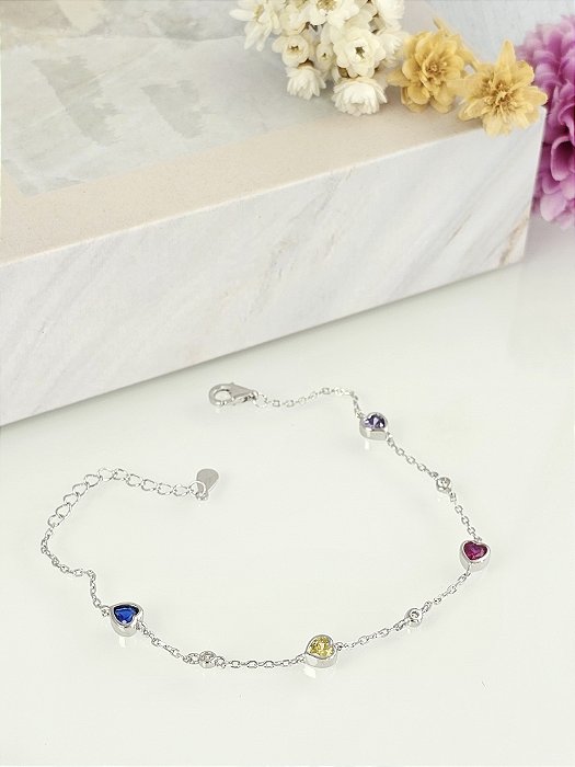 Pulseira corações coloridos prata 925 com banho de ródio