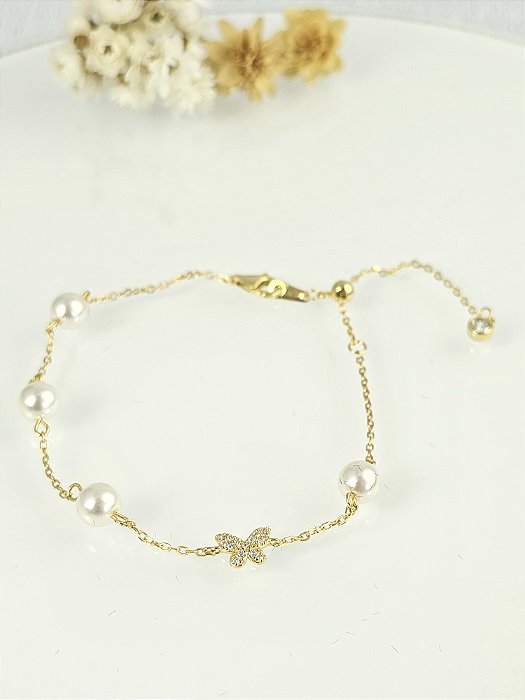 Pulseira borboleta cravejada e pérolas prata 925 com banho de ouro 18k