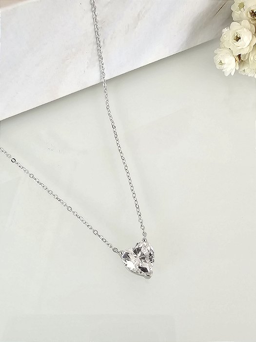 Colar de coração cristal zircônia prata 925 e banho de ródio