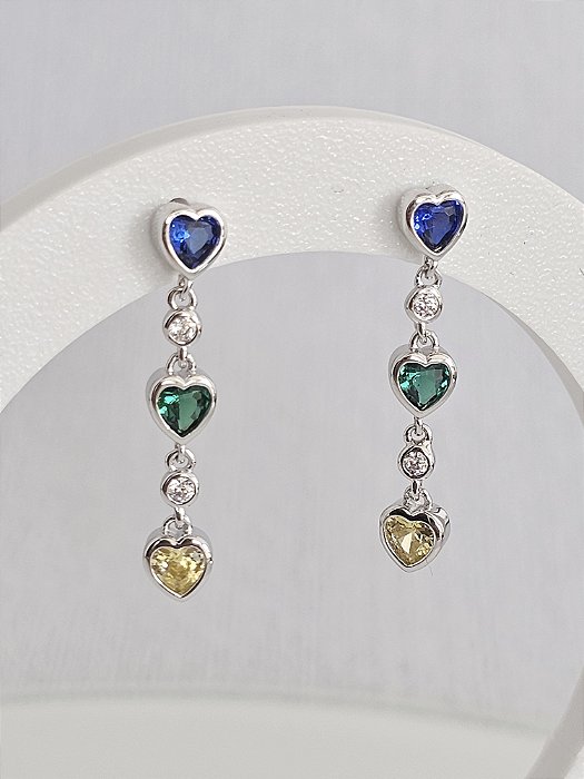 Brinco corações coloridos prata 925 com banho de ródio