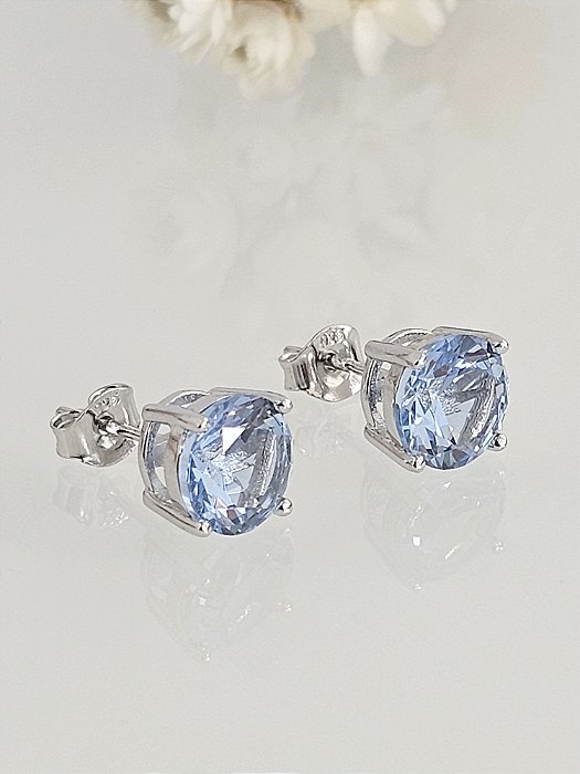 Brinco ponto de luz 8mm zircônia azul claro prata 925 com banho de ródio