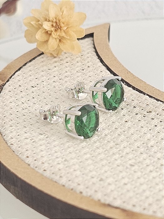 Brinco ponto de luz 8mm zircônia verde escuro prata 925 com banho de ródio