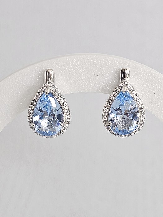 Brinco gota de zircônia azul claro prata 925 com banho de ródio