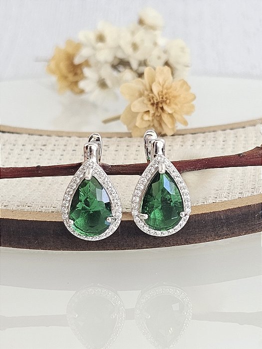 Brinco gota de zircônia verde escuro prata 925 com banho de ródio