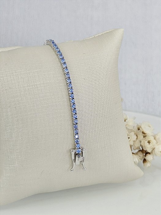 Pulseira Riviera azul claro 2mm fecho gaveta prata 925 e ródio/ 16cm