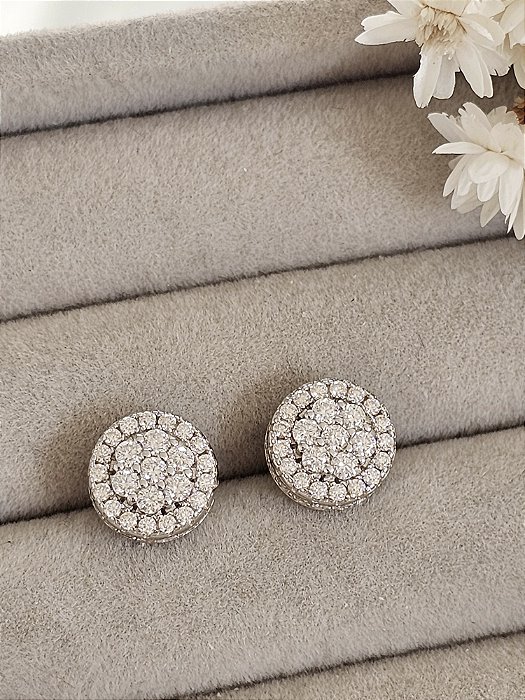 Brinco redondo cravejado 9mm Moissanite prata 925 com banho de ródio