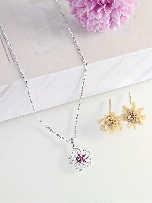 Colar Flor de cerejeira pink prata 925 com banho de ródio