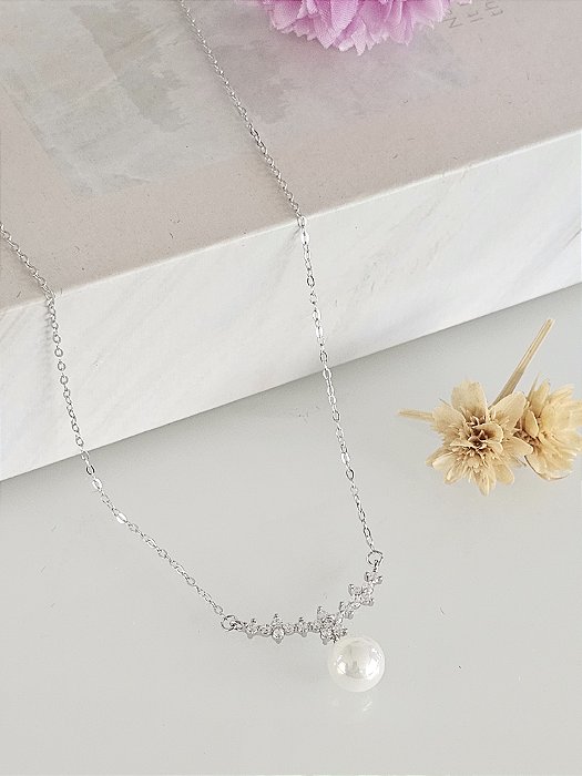 Gargantilha pérola e zircônias prata 925 com banho de ródio