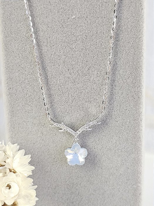 Gargantilha Flor cristal boreal prata 925 com banho de ródio
