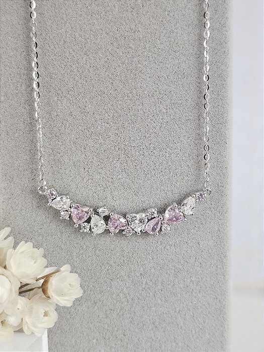 Gargantilha corações zircônia rosa e branco prata 925 com banho de ródio