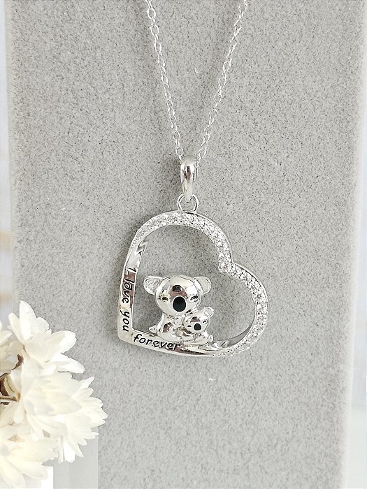 Colar coala coração cravejado prata 925 com banho de ródio