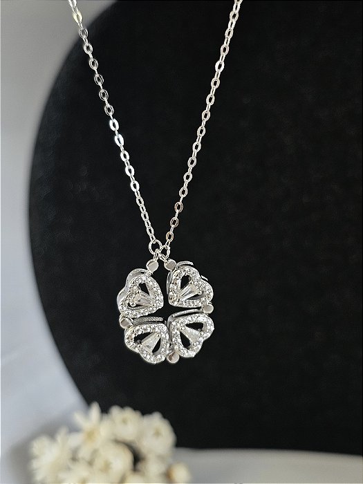 Colar coração magnético cravejado 2 em 1 prata 925 com banho de ródio