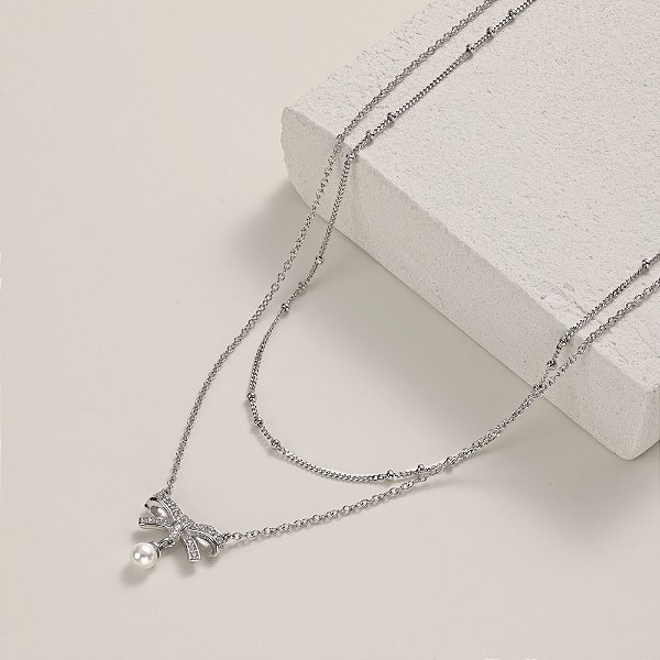 Colar 2 fios laço cravejado e pérola prata 925 com banho de ródio