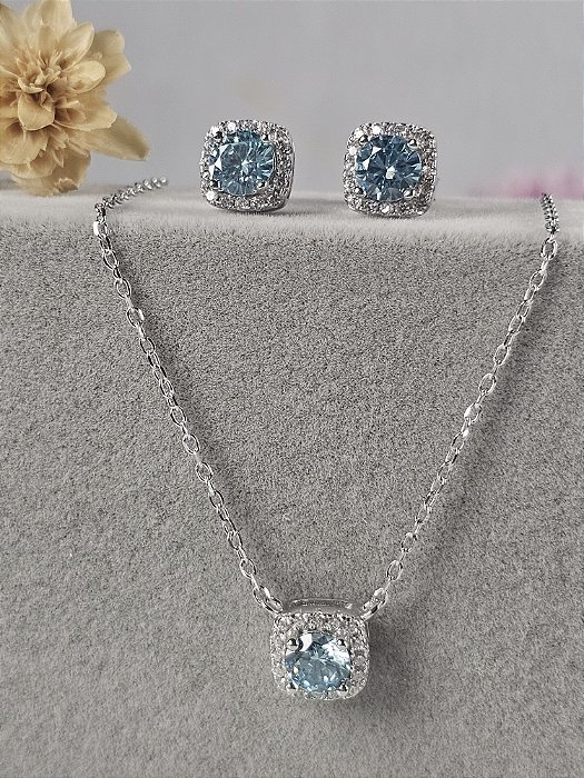 Conjunto quadrado cravejado azul 7mm prata 925 com banho de ródio