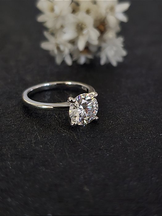 Anel Solitário Moissanite 8mm/2,0ct prata 925 com banho de ródio