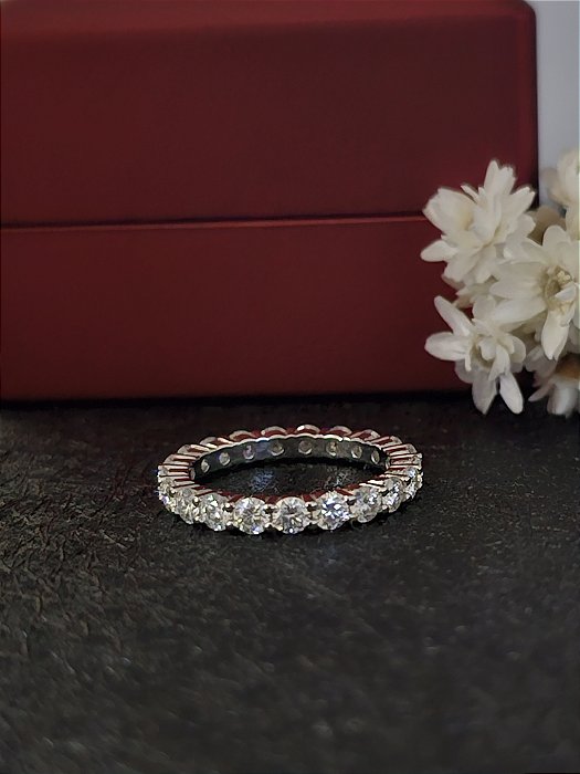 Anel aliança inteira Moissanite 3mm prata 925 com banho de ródio