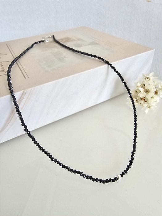 Choker de pedra ágata negra lapidada 2mm prata 925 com ródio
