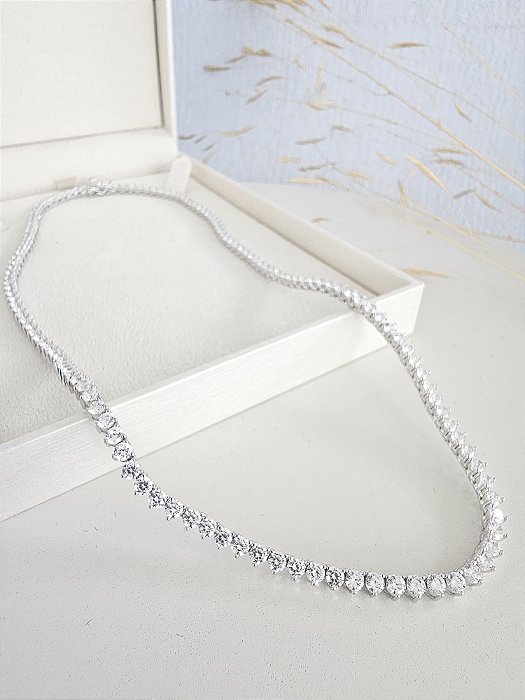 Colar Riviera 3mm/ 3 garras/ 45cm fecho gaveta prata 925 e ródio