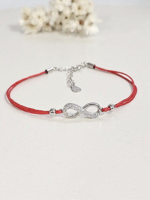 Pulseira de corda vermelha infinito cravejado prata 925 com ródio