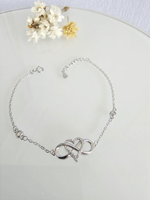 Pulseira infinito com coração cravejado prata 925 com ródio
