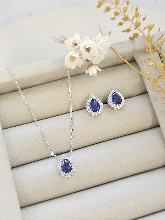 Conjunto colar e brincos gota cravejada azul prata 925 com banho de ródio