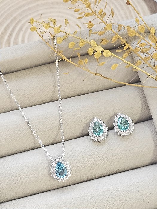 Conjunto colar e brincos gota cravejada turmalina prata 925 com banho de ródio