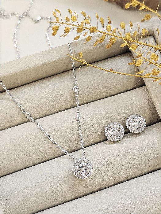 Conjunto colar e brincos redondo cravejado cristal prata 925 com banho de ródio