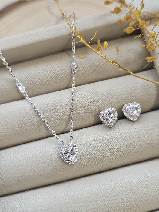 Conjunto colar e brincos coração cravejado cristal prata 925 com banho de ródio