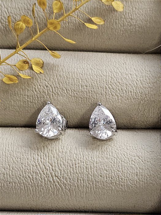 Brinco gota zircônia 8mm x 6mm prata 925 com banho de ródio