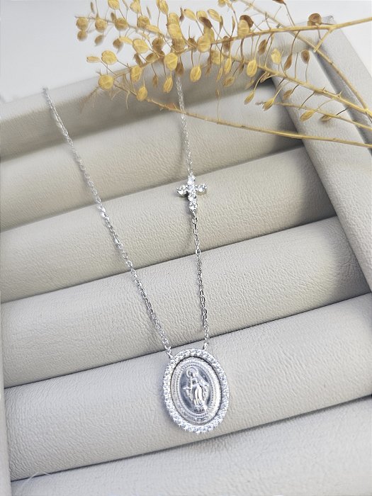 Colar Nossa Senhora Cravejada prata 925 com ródio