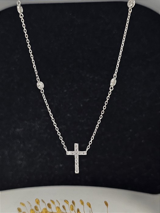 Gargantilha pontos de luz e crucifixo prata 925 com banho de ródio