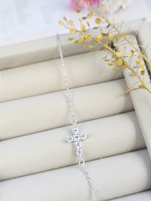 Pulseira crucifixo cravejado Moissanite 3mm/ 0.10ct prata 925 com ródio