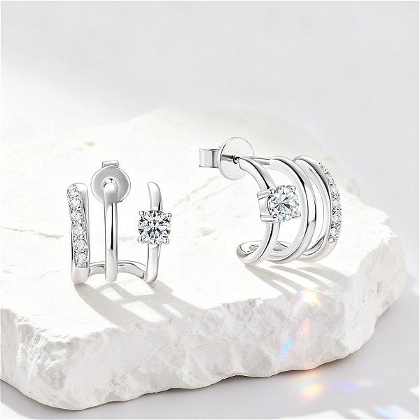 Brinco 3 aros Moissanite 4mm/ 0.30ct prata 925 com ródio