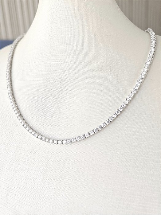 Colar Riviera 3mm/4garras/45cm Moissanite Prata 925 com banho de ródio