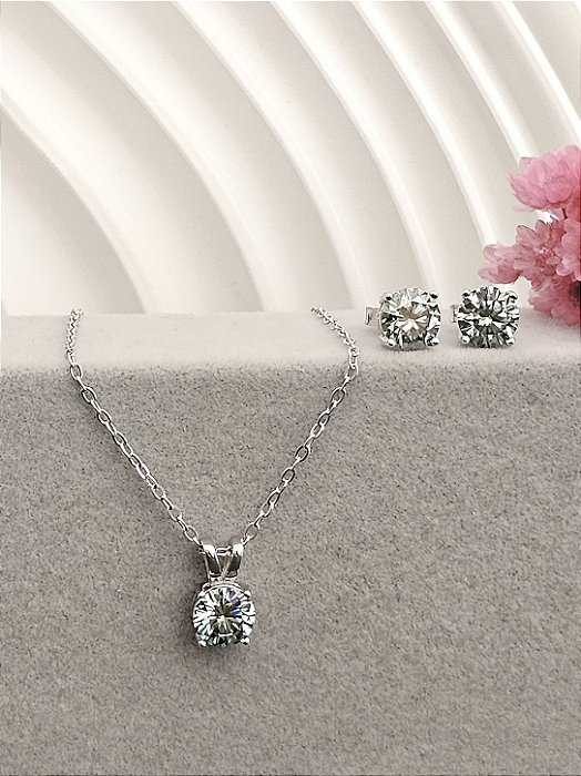 Conjunto Ponto De Luz Moissanite Ciano 6.5mm Prata 925/ródio
