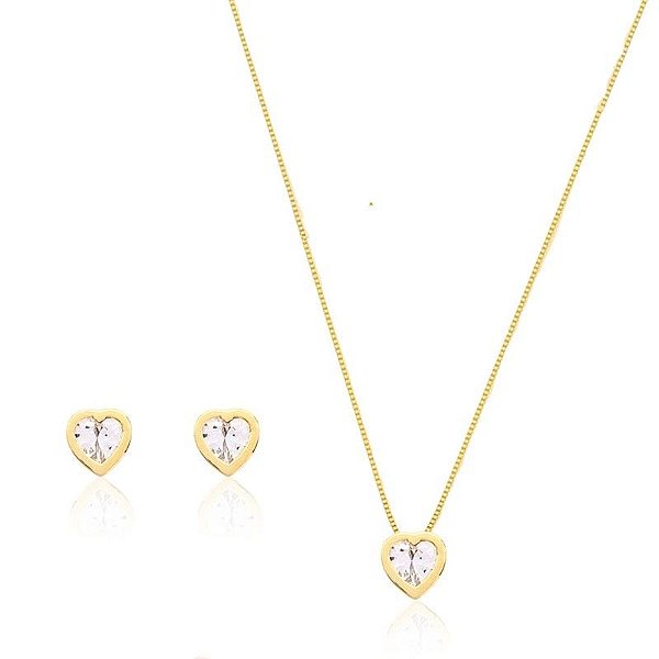 Conjunto Happy Lyfe Ponto de Luz Coração Cristal Zircônia Banhado a Ouro