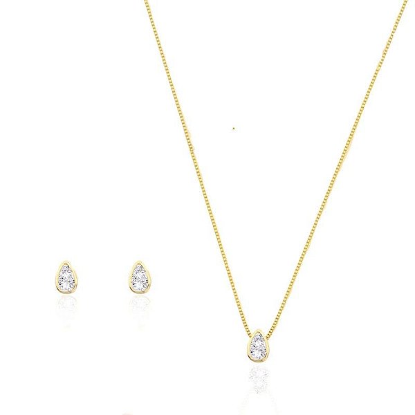 Conjunto Happy Lyfe Gota Zircônia Cristal Banhado a Ouro