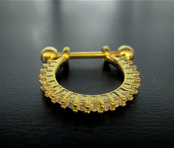 P0500 MICROBELL RETO RODIO DOURADO ARGOLA CONCH CRAVEJADA DUAS FILEIRAS 8MM