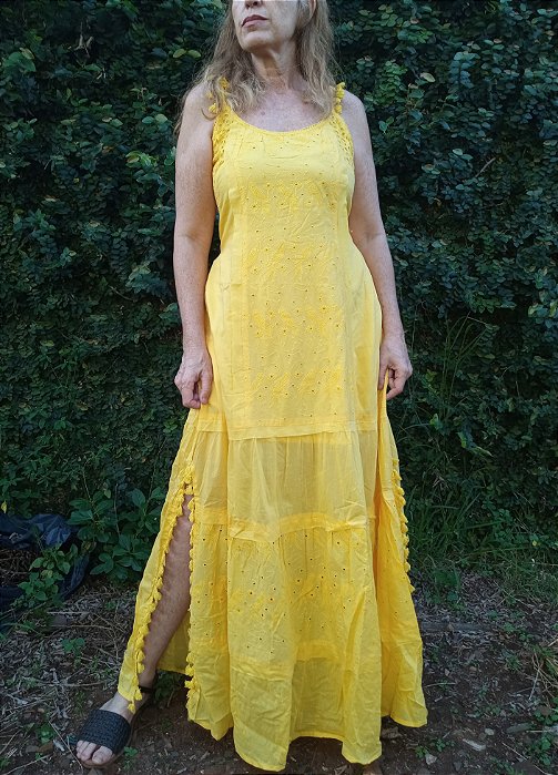 Vestido boho longo com laise alças amarelo