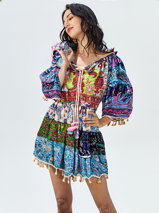 Vestido boho chic indiano babado