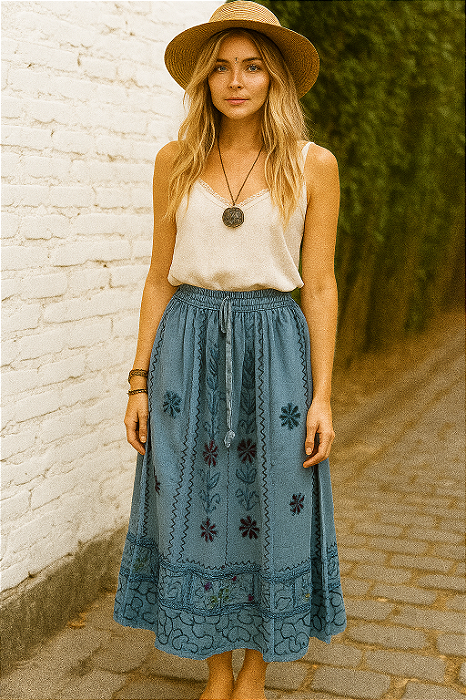 Saia longa indiana algodão envelope bordada hippie boho