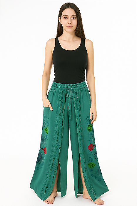 Calça algodão feminina envelope bordada indiana