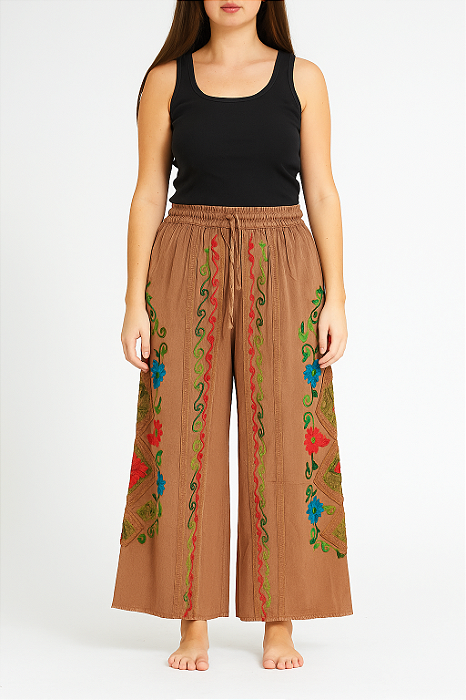 Calça algodão feminina envelope bordada indiana