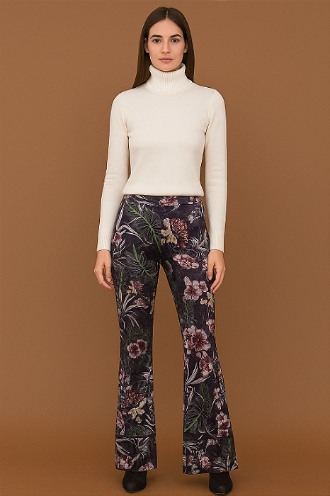 Calça veludo molhado floral boho chic