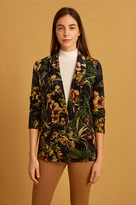 Blazer casaco veludo molhado floral boho chic