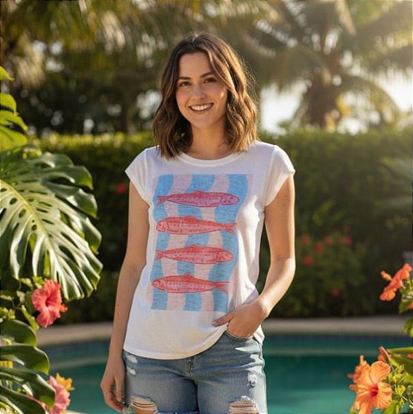 Camiseta feminina baby look mística sardinha peixe crustáceo devore hippie