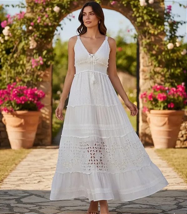 Vestido longo algodão laise boho chic amanda
